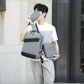 Sac à dos homme avec sac bandoulière et trousse 3en1 gris 2776-3 – محفظة ظهر رجالية 3 قطع رمادي
